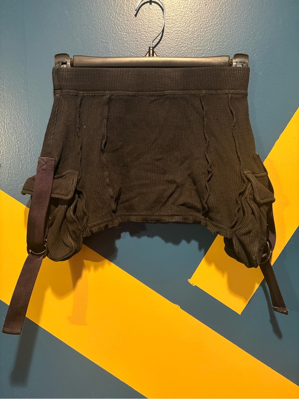 Darker Wavs Black Waffle Knit Cargo Micro Mini Skirt EUC